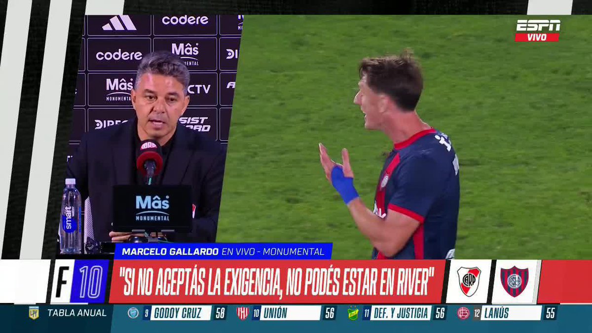 🗣️ "SI NO ACEPTÁS LA EXIGENCIA, NO PODÉS ESTAR EN RIVER. ACÁ ES ASÍ, SINO HAY OTROS LUGARES CON MENOS EXIGENCIAS" Marcelo Gallardo se refirió al clima que se vivió en el MÁS Monumental con el empate entre River y San Lorenzo. 📺 No te pierdas #ESPNF10 en vivo por #DisneyPlus