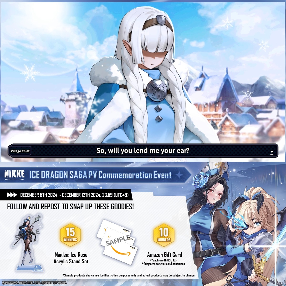 【ICE DRAGON SAGA PV Commemoration Event】 Commanders, thank you for your support! We are commemorating ICE DRAGON SAGA with a giveaway! How to Join 1. Follow GODDESS OF VICTORY: NIKKE 2. Repost this post Rewards 🎁 - Maiden: Ice Rose Acrylic Stand Set x15 - USD10 Amazon Gift Card x10 Event Duration 📅 12/5 ~ 12/12 23:59 (UTC+9) Download here 🔗: Sweepstakes 🔗: #NIKKE #Contest