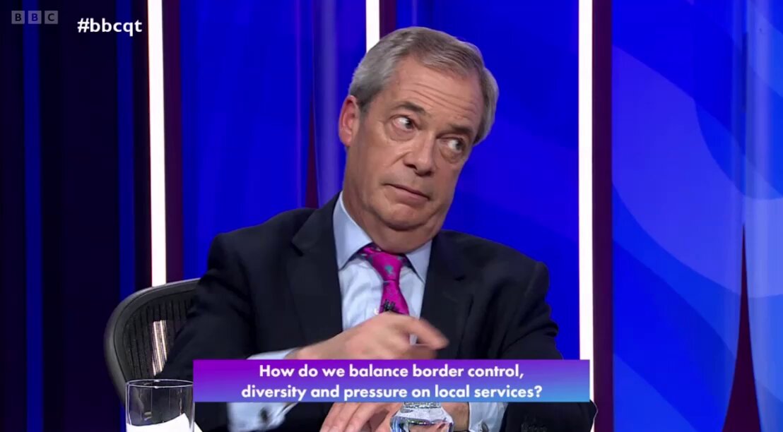🚨 NEW: A voter says Nigel Farage is talking "complete nonsense" in regards to illegal migration as the 40,000 who arrived this year is a "speck in the ocean" considering net migration Farage: "Oh, let them all come in!" #bbcqt
