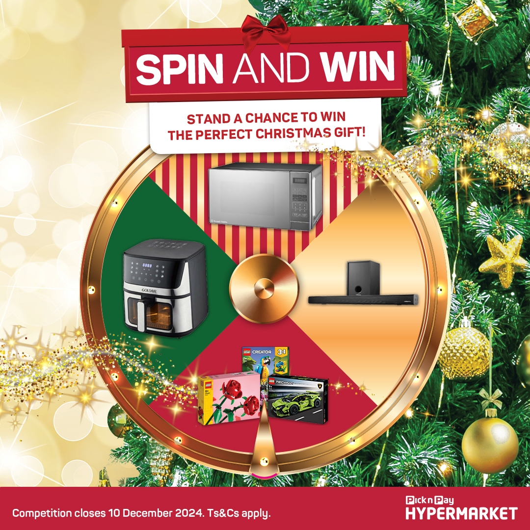 Win big this Christmas! Comment your dream prize below, tag a friend, and use #PnPSpinAndWin to enter. Prizes include an air fryer, Lego hamper, microwave, or soundbar. Ts&amp;Cs apply.​ Shop at PnP Hyper every Sat &amp; Sun to stand a chance to spin the wheel in-store! Ends 22 Dec 2024.