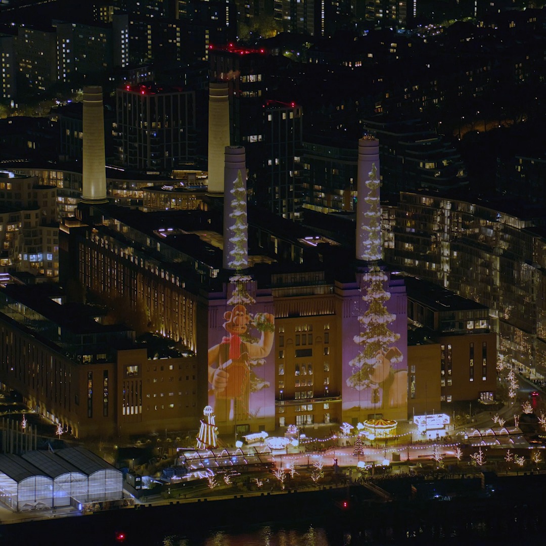 Our festive film for Apple, Wallace &amp; Gromit, Shot on iPhone, looks even more epic from the air 🎄 Catch the film projecting daily between 5-10:30pm on London's Battersea Power Station until New Year's Eve. #ShotoniPhone