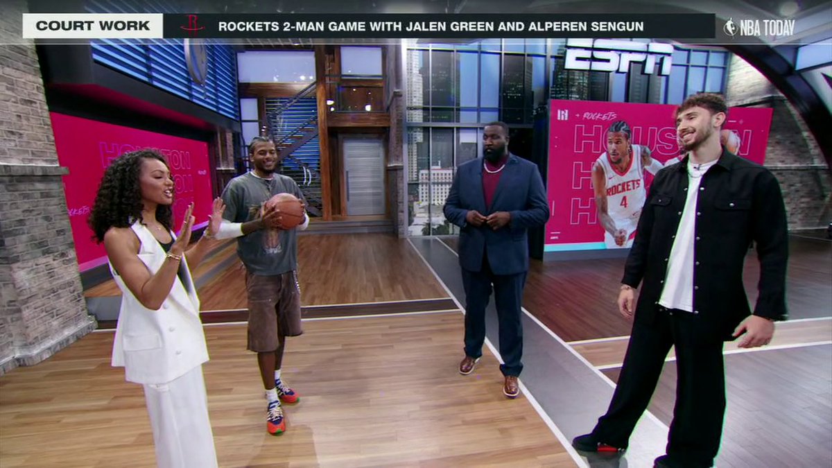 Jalen Green and Alperen Sengun demonstrated their two-man game with Malika Andrews and Kendrick Perkins 🤝