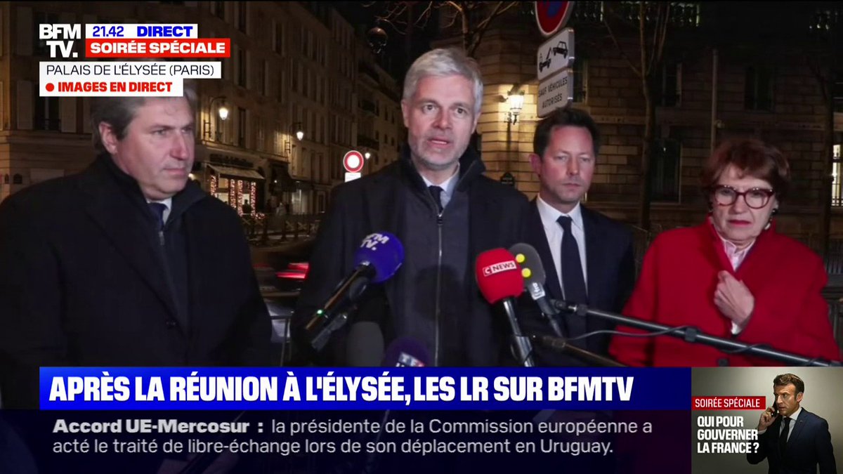 Laurent Wauquiez (LR) assure que son parti "ne cédera pas à la facilité de la censure", sauf dans le cas "d'un gouvernement mettant en œuvre le programme du NFP ou comportant des députés LFI"