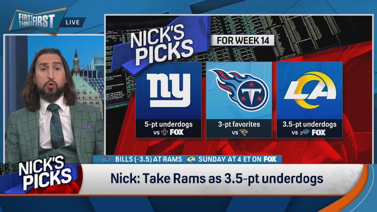 .nick wright reveals his picks for Week 14 💰👀 Giants +5 Titans -3 Rams +3.5