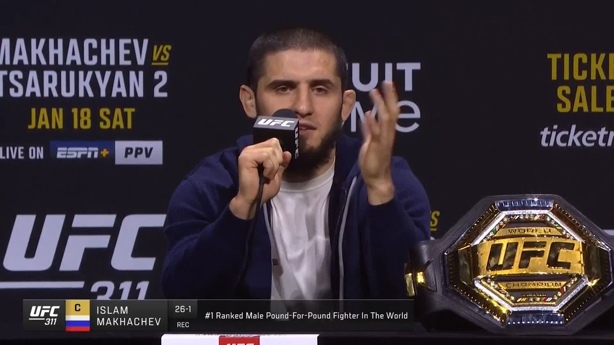 🗣️ "J’en ai marre de donner une chance aux petits (combattants). Je veux viser une deuxième ceinture." Islam Makhachev au sujet d’Ilia Topuria 💀 #UFC311