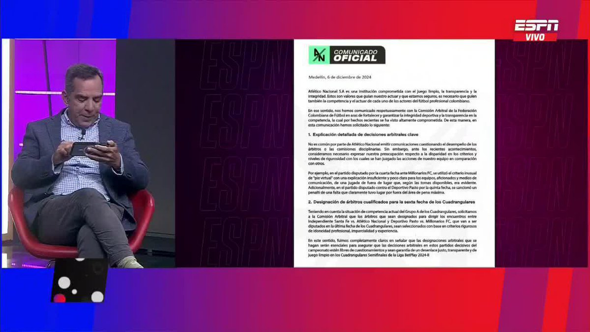 🚨🚨COMUNICADO OFICIAL DE ATL. NACIONAL SOBRE EL ARBITRAJE PARA LA SEXTA FECHA DE LOS CUADRANGULARES 📝Solicitan nombramiento de veeduría especial para ambos partidos del grupo A. ▶️ No te pierdas #ESPNF360COLOMBIA por #DisneyPlus