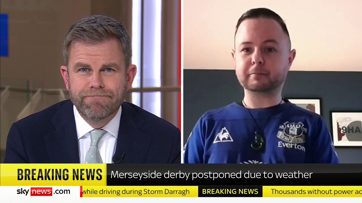 Everton fan Nathan Hamlin travelled 30 hours from Australia to watch the Merseyside derby today but because of Storm Darragh the game has been cancelled. He tells Matt Barbet 'it was a bucket list item' he has always wanted to tick off. 📺 Sky 501