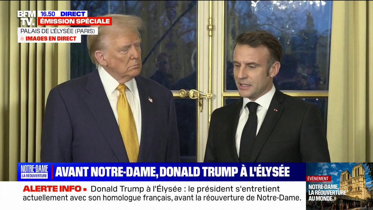 💬"Le monde devient fou et on va en parler" Donald Trump s'exprime après son accueil à l'Élysée, avant la cérémonie de réouverture de la cathédrale Notre-Dame de Paris