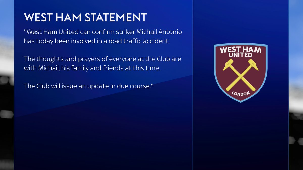 West Ham have confirmed that Michail Antonio has been involved in a road traffic accident.