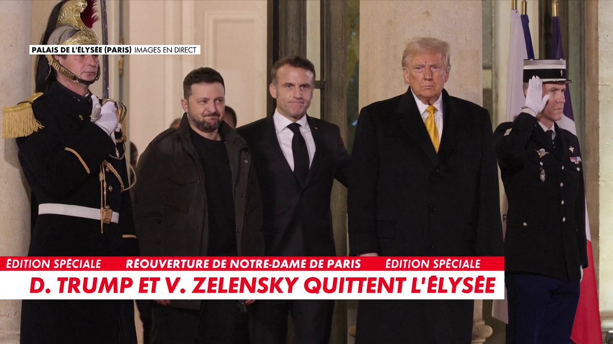 Volodymyr Zelensky et Donald Trump quittent l'Élysée après une réunion avec Emmanuel Macron, juste avant la réouverture de la cathédrale Notre-Dame