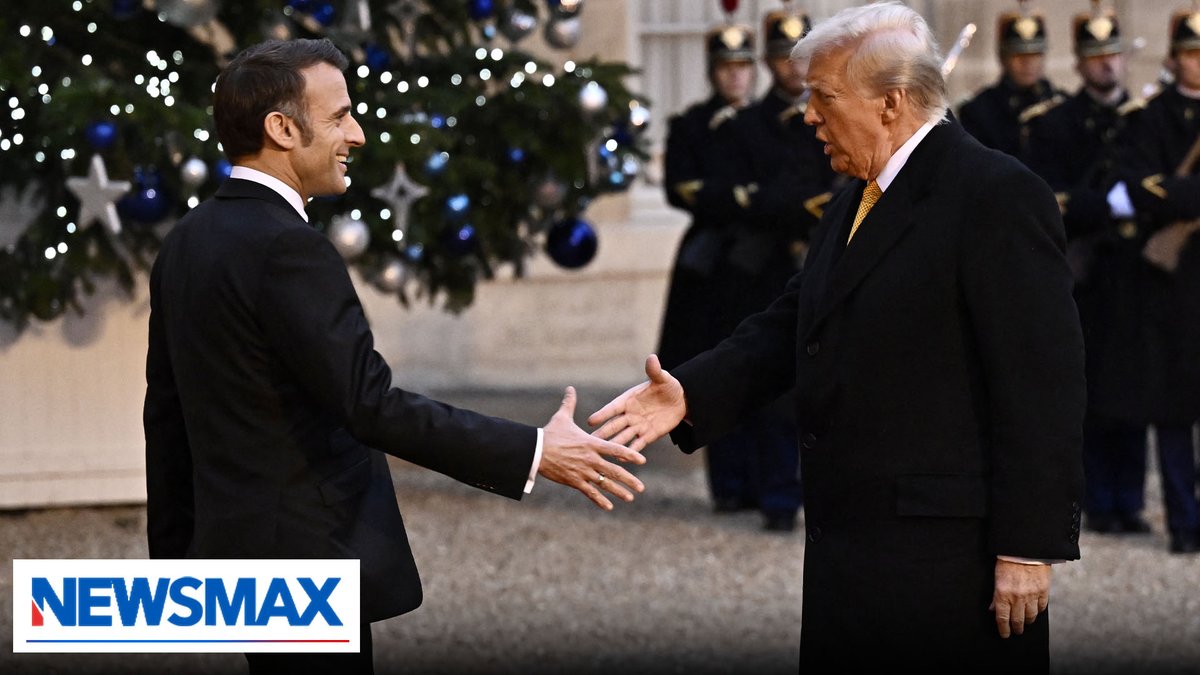President-elect Donald Trump, who is in France for the Notre Dame cathedral reopening ceremony, is greeted by French President Emmanuel Macron.
