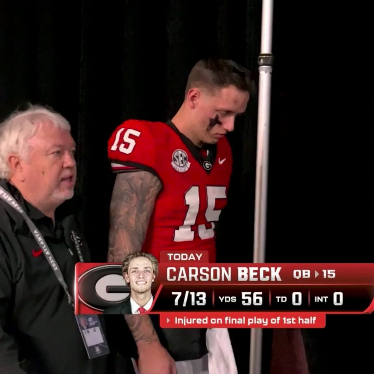 Carson Beck has been ruled out for the remainder of the SEC Championship after an injury he sustained in the first half.