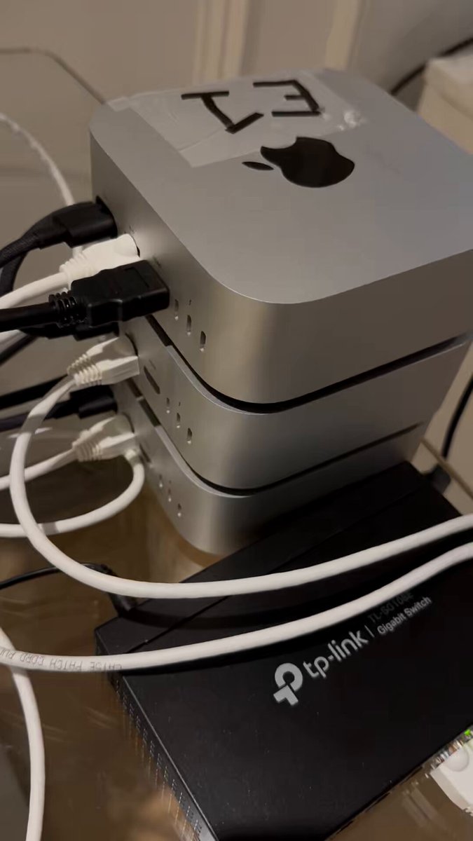 M4 Mac Mini AI cluster running Llama 3.3 70B Preliminary results show Gigabit ethernet switch (4 tok/sec) is slower than Thunderbolt-5 with EXO Labs Benchmarks including Thunderbolt-5 coming soonTM.