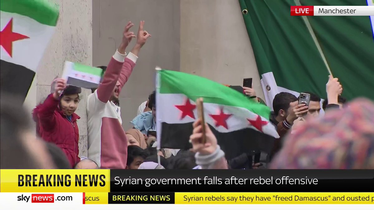 Celebrations are underway in Manchester after rebel forces claim they have captured the capital Damascus and ousted Syrian President Bashar al Assad's regime. Sky's Charlotte ‘Lotty’ Leeming reports Live updates: 📺 Sky 501, Virgin 602, Freeview 233 and YouTube