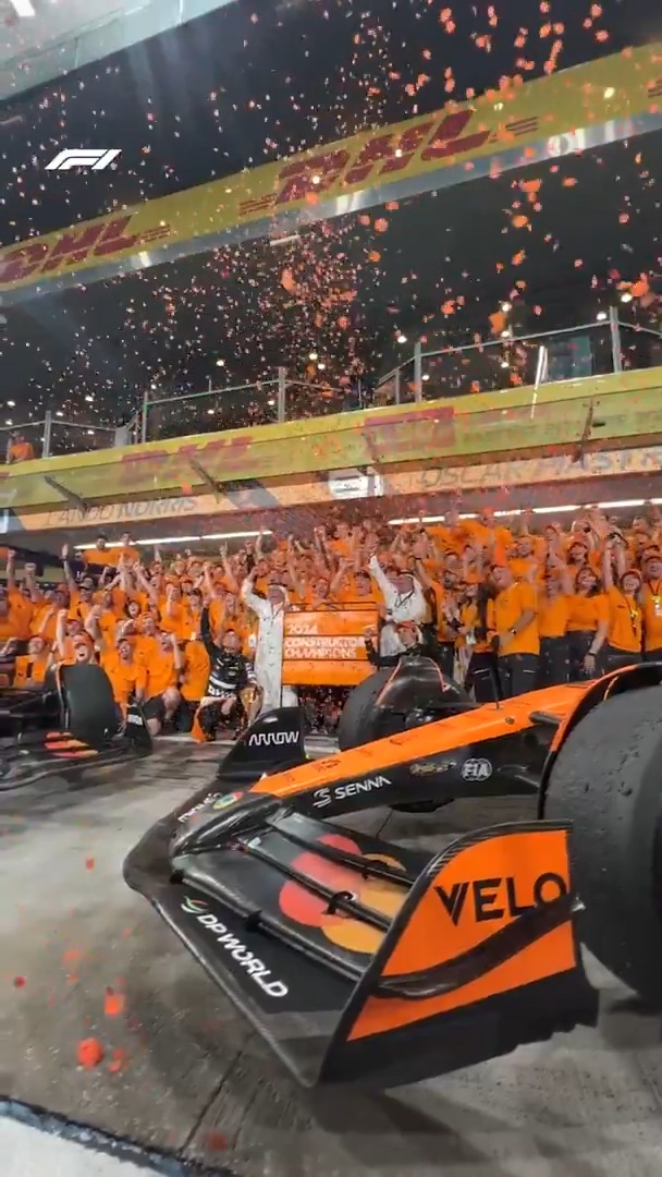 First across the line, last to the team photo 😁 Lando Norris leads the celebrations at McLaren 🧡 #F1 #AbuDhabiGP