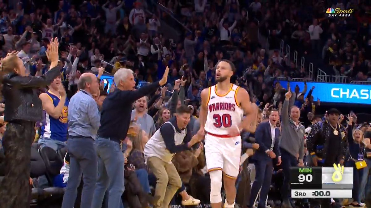Double teamed. Falling away. From near halfcourt. Steph still drains the three for the lead 🤯 Get to NBA League Pass for the finish! 📲