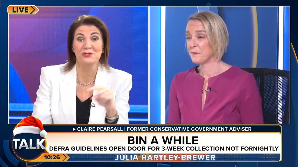Julia Hartley-Brewer says British people “will stage an uprising” if bin collections change to every three weeks, rather than fortnightly under Defra guidance. “That will be the end of this Government. There will be a full on revolution and I will be at the front!” Julia Hartley-Brewer