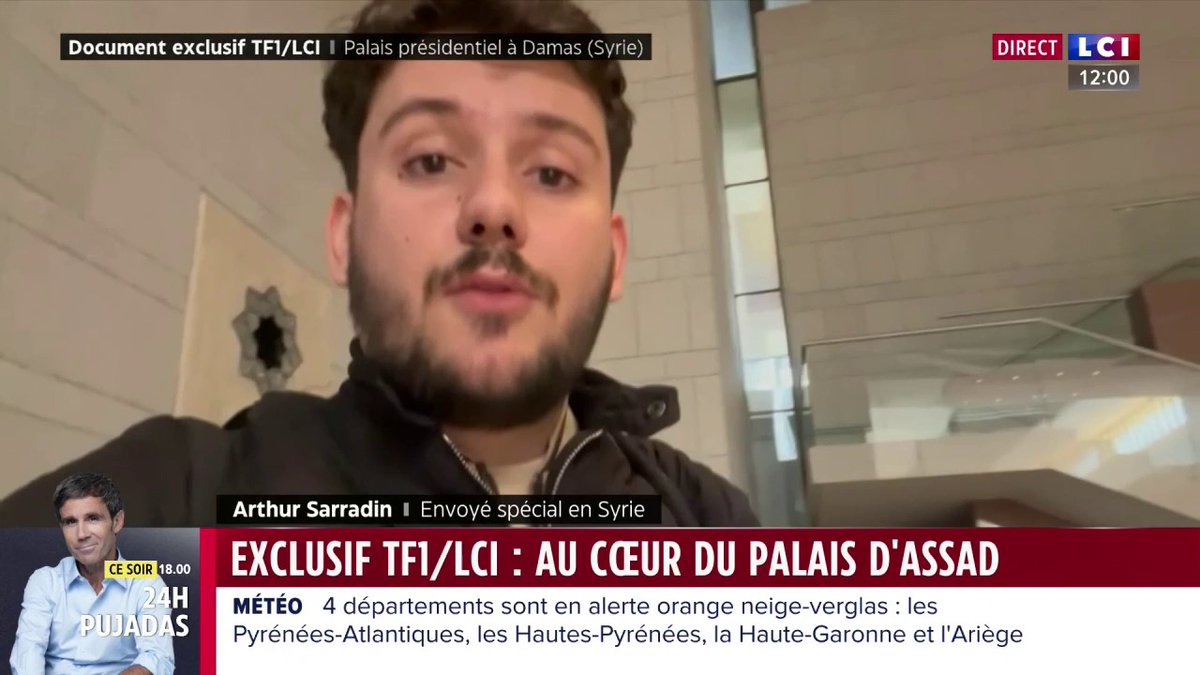 Ces images sont extraordinaires, le récit est dingue, signés Arthur Sarradin | آرثر سري الدين à Damas. Il est à l'intérieur du palais présidentiel de Bachar al Assad, un lieu d'opulence, abandonné, le plus sécurisé de Syrie, il y a 48h à peine. Exclu LCI / TF1Info