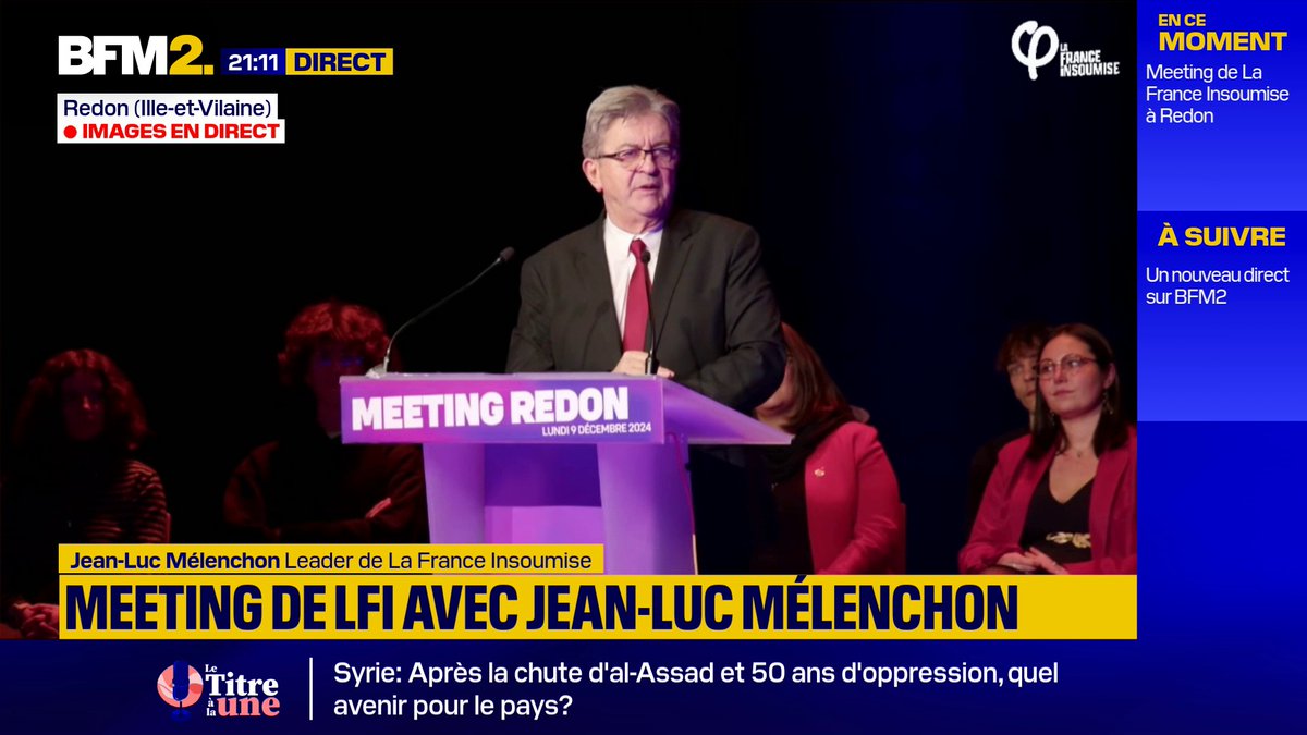 "Quel que soit le gouvernement qui rapplique, aussi longtemps que ce n'est pas le nôtre [...]alors nous déposerons des motions de censure" a affirmé Jean-Luc Mélenchon, ce lundi 9 décembre, lors de son meeting à Redon