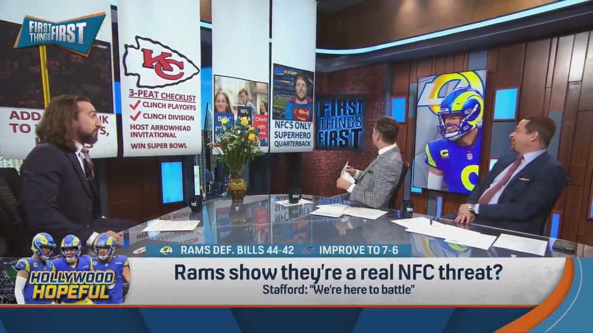 .nick wright’s wandering eye is back to flirting with the 'Rams win the NFC' take after he was gifted flowers and a banner 💐👀 “As they say, you leave ‘em how you found ‘em.” 😅