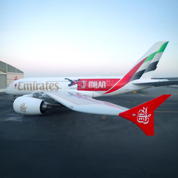 To celebrate @ACMilan's 125 year anniversary, our A380 has donned the club’s iconic red and black stripes, as it takes off from Dubai to fly around the world.