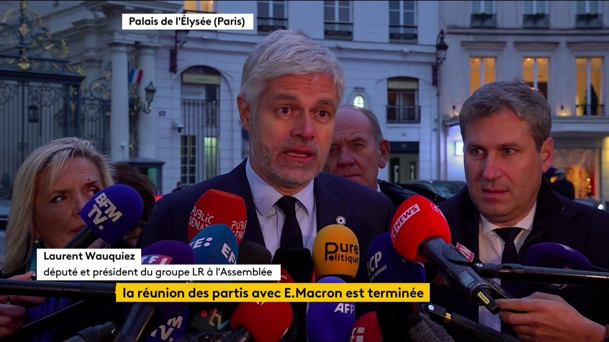 🔴 DIRECT - "À l'issue de cette réunion, il n'y aura pas de discussion d'un contrat de gouvernement avec des gens avec lesquels on ne partage pas les mêmes valeurs", déclare Laurent Wauquiez à la sortie de l'Élysée.
