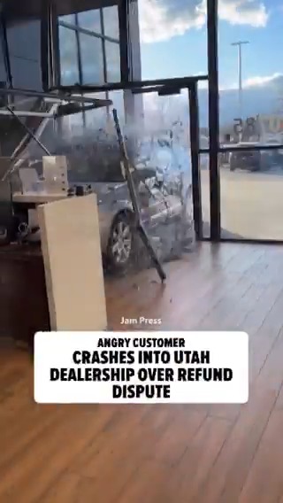 An angry customer took things way too far Monday, driving his recently purchased used car straight through a dealership’s storefront over a refund beef. Here's all we know about what went down: (🎥: Jam Press)