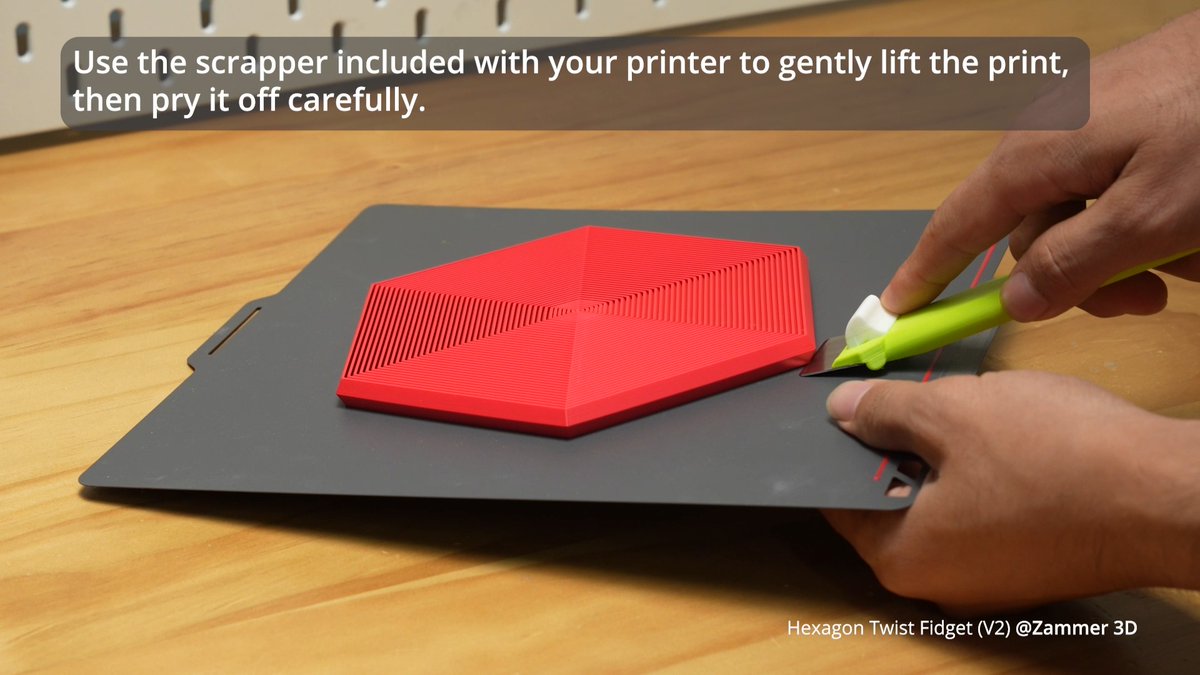Did you know how to remove prints from the Bambu Cool Plate SuperTack? Just use the scraper that came with your printer to gently lift the print and carefully pry it off. If it's stuck too tight, heat the plate to 50°C on the heatbed to help it come off. The surface is soft, so be careful with the scraper to avoid scratches (they won’t affect performance though). Want more tips for this plate? Check here: