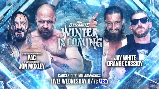 #AEWDynamite #WinterIsComing TOMORROW in Kansas City, MO 8pm ET/7pm CT LIVE on TBS Network Jon Moxley & BASTARD vs Switchblade Jay White & @OrangeCassidy Switchblade and Cassidy team to face Jon Moxley and PAC TOMORROW NIGHT LIVE on TBS!