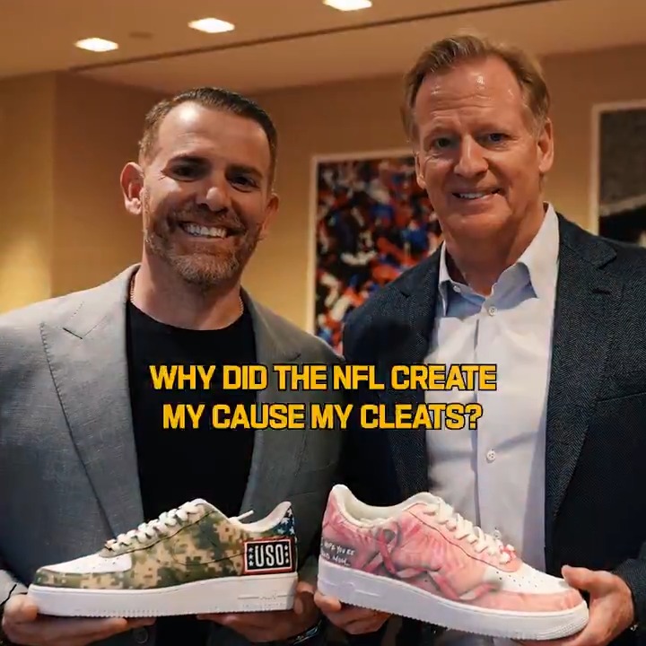 For #MyCauseMyCleats, Commissioner Goodell was gifted custom sneakers by artist Marcus Rivero (Marcus) that celebrate two causes very close to his heart 💚 #CrucialCatch | USO
