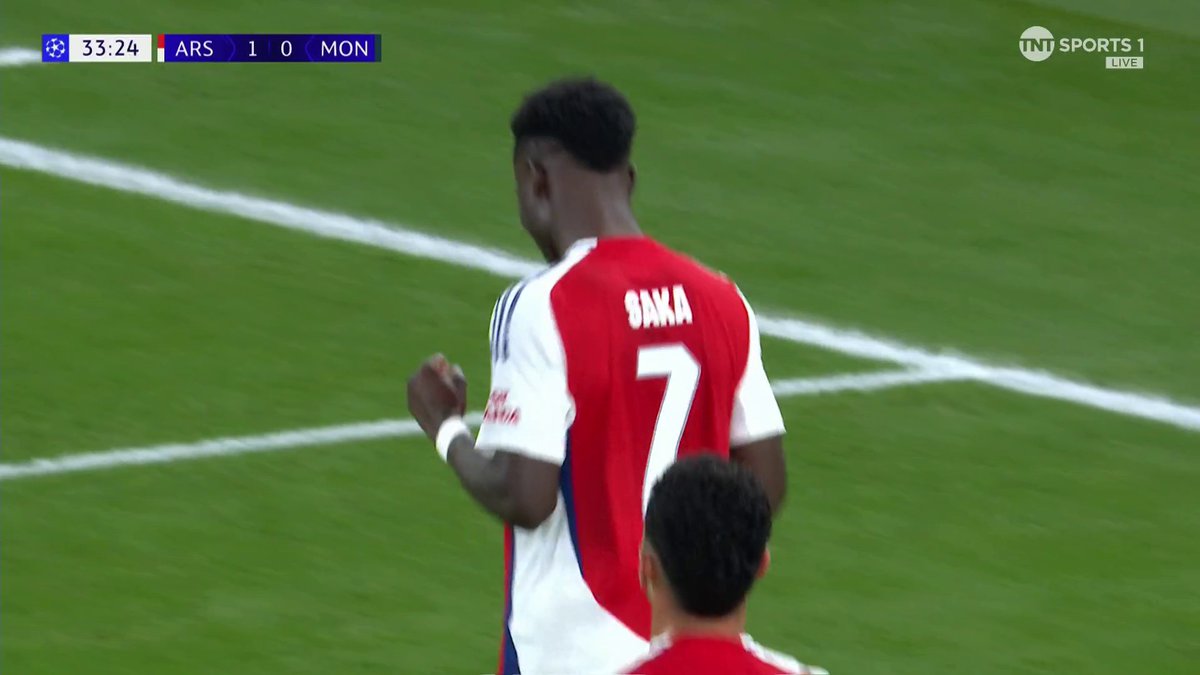 Bukayo Saka with an easy finish following a brilliant Gabriel Jesus pass 😮‍💨 Some incredible play from Myles Lewis-Skelly on his first Champions League start 👏 📺 TNT Sports &amp; discovery+ UK
