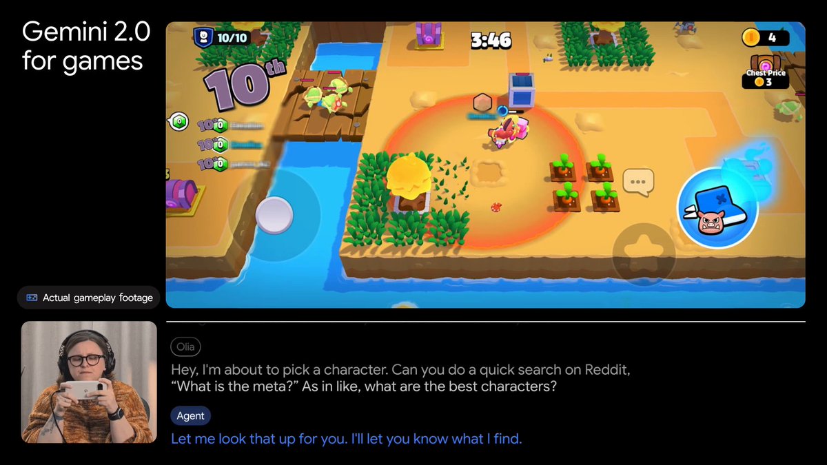 With Gemini 2.0, we’re exploring how agents can be applied across domains — including navigating the virtual world of video games. Watch how Gemini 2.0 helps 3 users explore and play games →