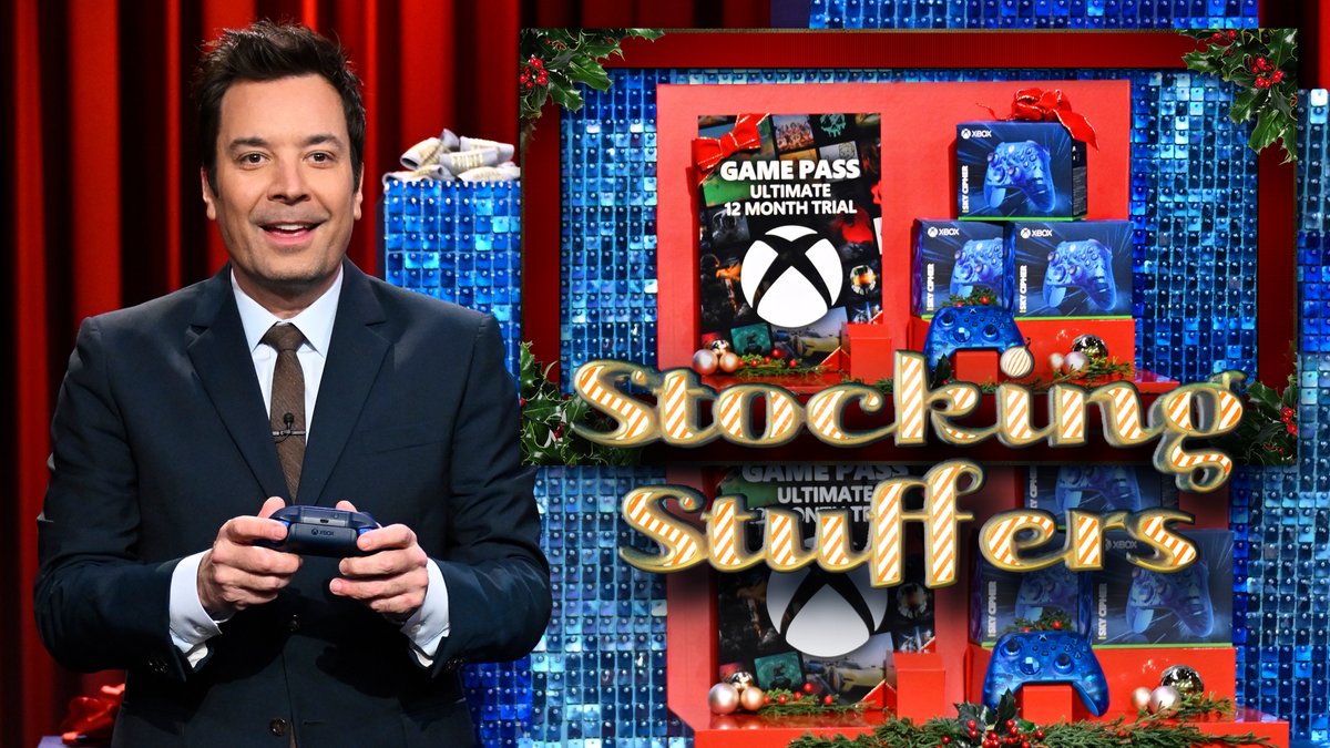 Jimmy gives the Studio 6B audience a 12-month @xboxgamepass Ultimate subscription &amp; @xbox Wireless Controller - Sky Cipher Special Edition for Day 2 of Stocking Stuffers! 🎁 #FallonTonight