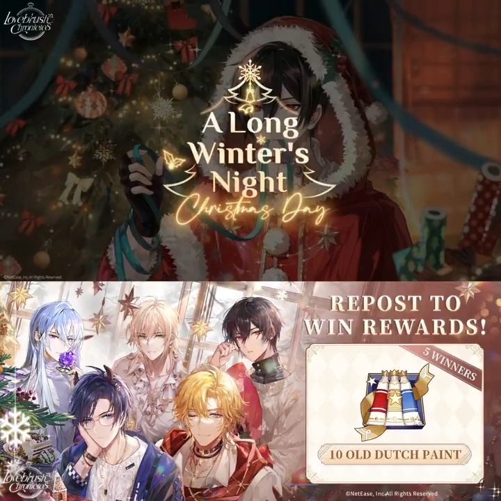 ❄Event Preview❄ The "A Long Winter's Night" event will be available on December 19! 🎁A Long Winter's Night Warm-up🎁 Follow us & retweet with the hashtag #LovebrushChronicles 🎉Prize: Old Dutch Paint x10 (5 winners) #LovebrushChronicles