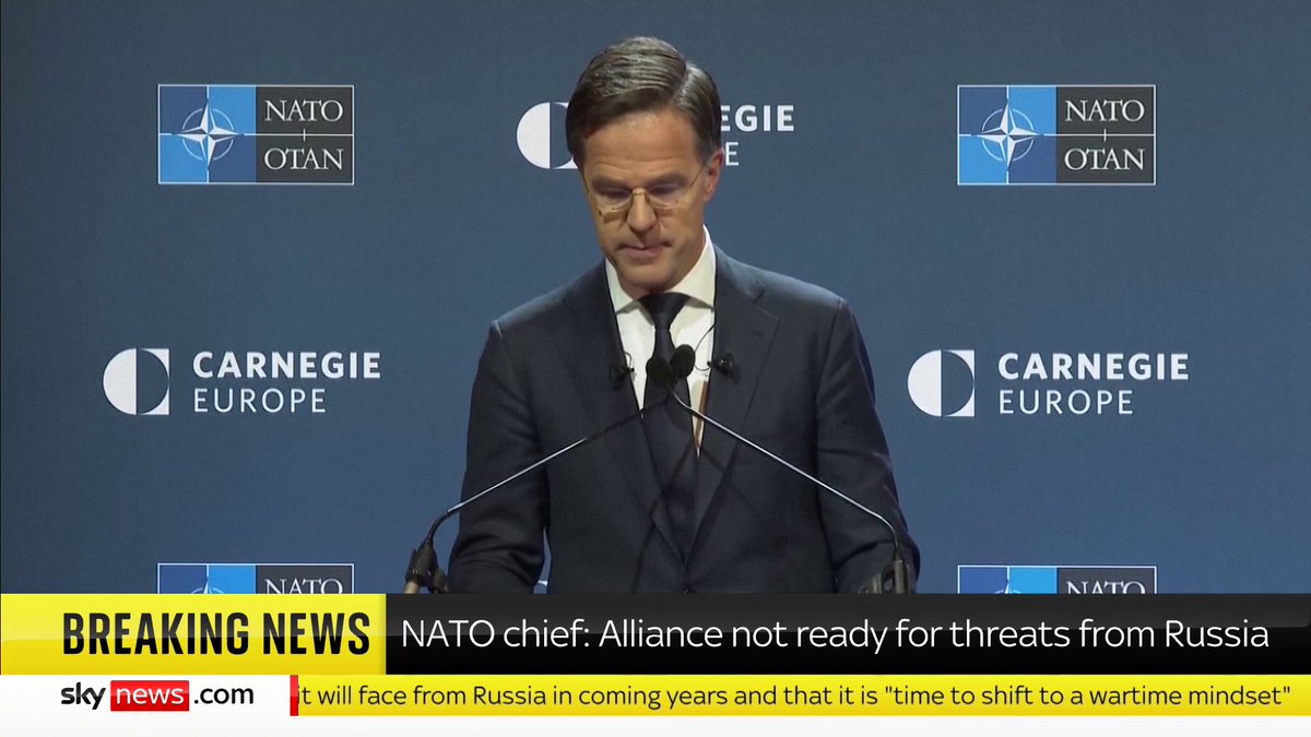 'We are not ready for what is coming our way' The head of NATO has warned the alliance is not ready for the threats it will face from Russia in the coming years and that it is time to shift to a wartime mindset. 📺 Sky 501, Virgin 602