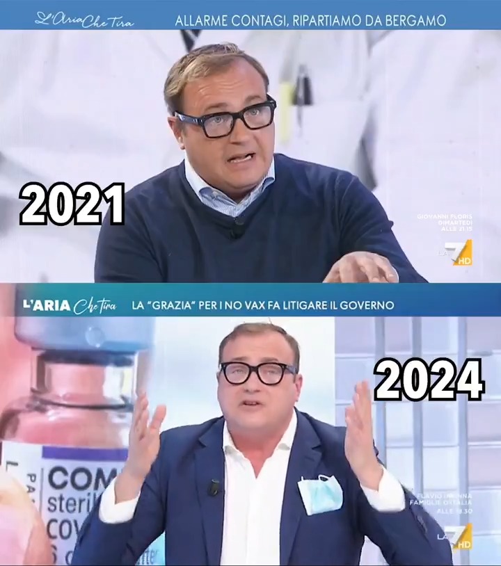 Da "è giusto obbligare a vaccinarsi, il governo sia più rigido" a "multe sbagliate ai novax, bene il condono" La metamorfosi di Tommaso Cerno a tre anni di distanza, sulla stessa rete e nello stesso programma. A volte il fato è meraviglioso.