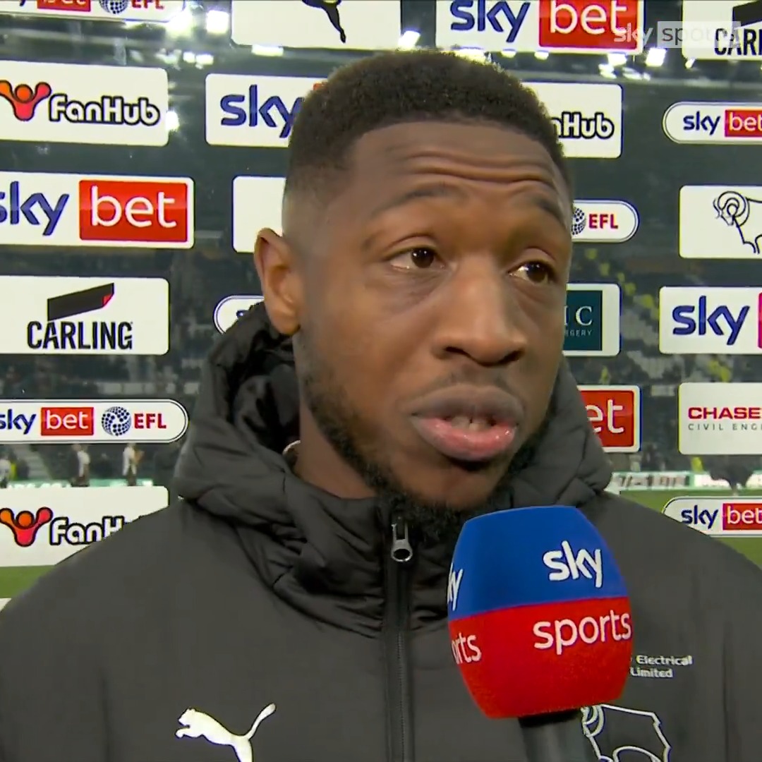 "A game like that was overdue!" 💪 Derby County's Ebou Adams reacts after an emphatic 4-0 win over Portsmouth ⚪