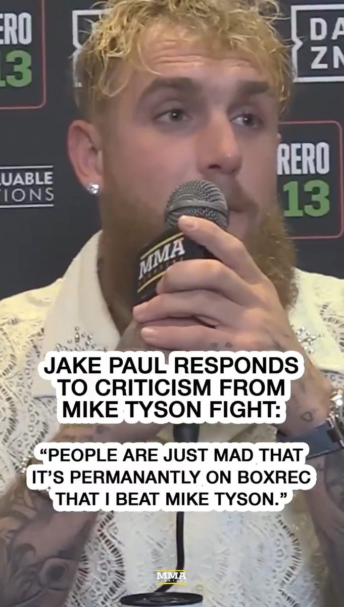 .Jake Paul does not care about your criticism surrounding his boxing match with Mike Tyson: "Let me see you do more numbers and then we can talk. … People are just mad that it's permanently on BoxRec that I beat Mike Tyson."