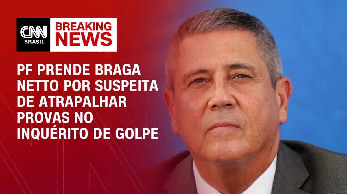 A PF prendeu o general Walter Braga Netto, ex-ministro no governo do ex-presidente Jair Bolsonaro (PL). Segundo informações da PF, Braga Netto foi preso sob suspeita de atrapalhar a produção de provas no inquérito que apura a suposta tentativa de golpe de Estado. #AgoraCNN
