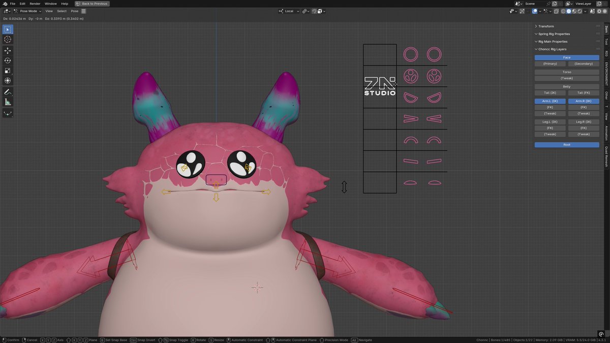 Hey everyone! 👋 Here is the Choncc rig we developed in Blender for 7NIGHTS Studio We designed custom mechanisms that allow quick and easy posing for facial expressions. This makes animation workflows both more efficient and faster. #b3d #animation #rigging