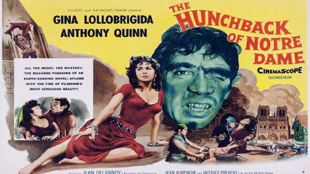 فيلم أحدت نوتردام 1956 مترجــــــم ====================== يحكي الفيلم عن قصة كوازيمودو (أنطوني كوين)، الأحدب في كاتدرائية نوتردام، عندما يقع في حب الغجرية إزميرالدا (جينا لولوبريجيدا). وعندما يحكم كلود فرولو (آلان كوني)، الكاهن الذي يتوق إليها، على إزميرالدا بالسحر، يأخذها كوازيمودو إلى الكاتدرائية لإنقاذها. ولكن في محاولة إنقاذ مضللة، يأتي الناس لتحريرها ويدافع كوازيمودو عن الكاتدرائية، لكنهم اقتحموا الباب الأمامي في نفس الوقت الذي يصل فيه الجنود ويطلقون السهام. يصيب أحد السهام إزميرالدا بينما يدفنها الحشد، ويشاهدها كوازيمودو تموت. و عندما ينهض فرولو، يدافع كوازيمودو عنه ويرميه من برج الكاتدرائية، ثم يذهب للبحث عن جثة إزميرالدا في موقع زنزانة قديم حيث يتم نقل الموتى، حيث تُركت، وينعى كوازيمودو عليها.