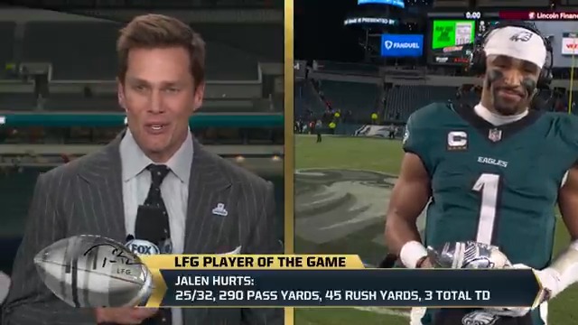 "You beat me a couple of times and now you are giving me trophies!" 🤣 Philadelphia Eagles QB Jalen Hurts joins Tom Brady after being named his #LFG Player of the Game!