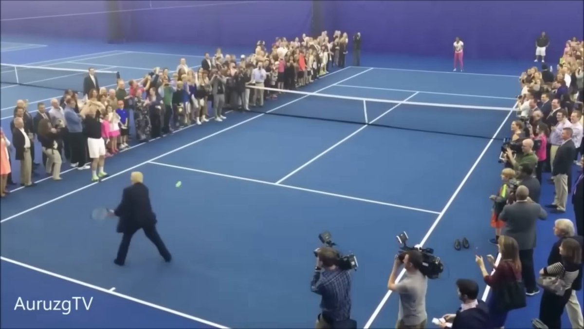 Here's Donald Trump dressed in full suit, playing tennis with Serena Williams. Is there anything this man can't do?