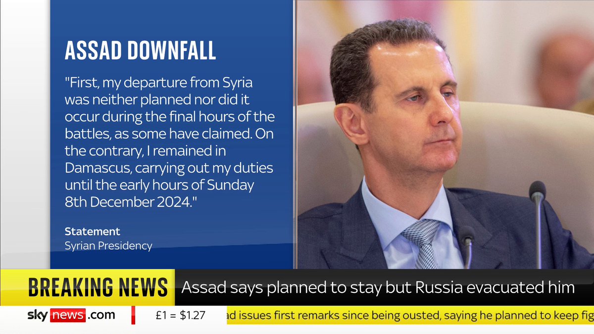 Former Syrian leader Bashar al Assad has issued his first statement since the fall of his regime. Sky's Diana Magnay has the latest. 📺 Sky 501, Virgin 602, Freeview 233 and YouTube