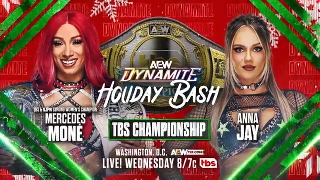 #AEWDynamite #HolidayBash WEDNESDAY in Washington, DC 8pm ET/7pm CT LIVE on TBS TBS Championship Mercedes Moné vs Anna Jay @AnnaJay___ challenges “The CEO” Último Moné for her TBS Title THIS WEDNESDAY at #HolidayBash!