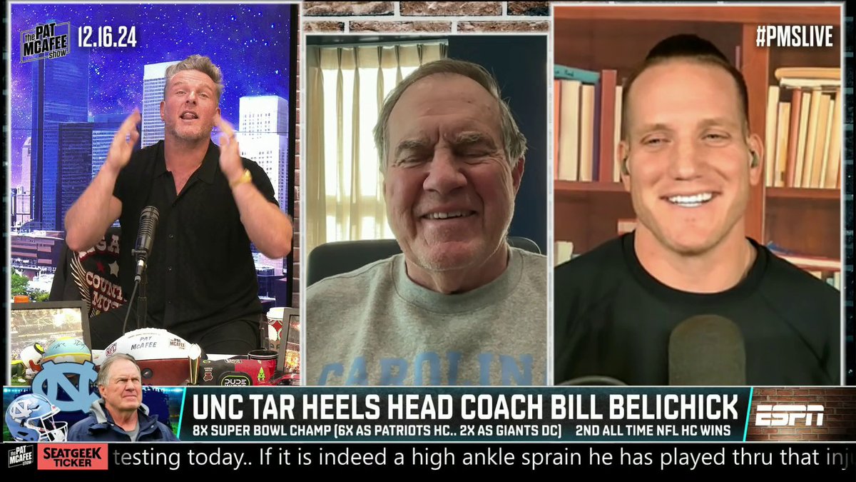 "How about if we do GameDay down here?" Bill Belichick throws out the idea of College GameDay making its way to Chapel Hill 👀 Pat McAfee