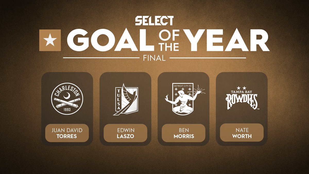 We're down to 𝗙𝗢𝗨𝗥! Who's getting your Select Sport America Goal of the Year vote? 🤔 ▪️ Juan David Torres, Charleston Battery ▪️ Edwin Laszo, FC Tulsa ▪️ Ben Morris, Detroit City FC ▪️ Nate Worth, Tampa Bay Rowdies 🗳️