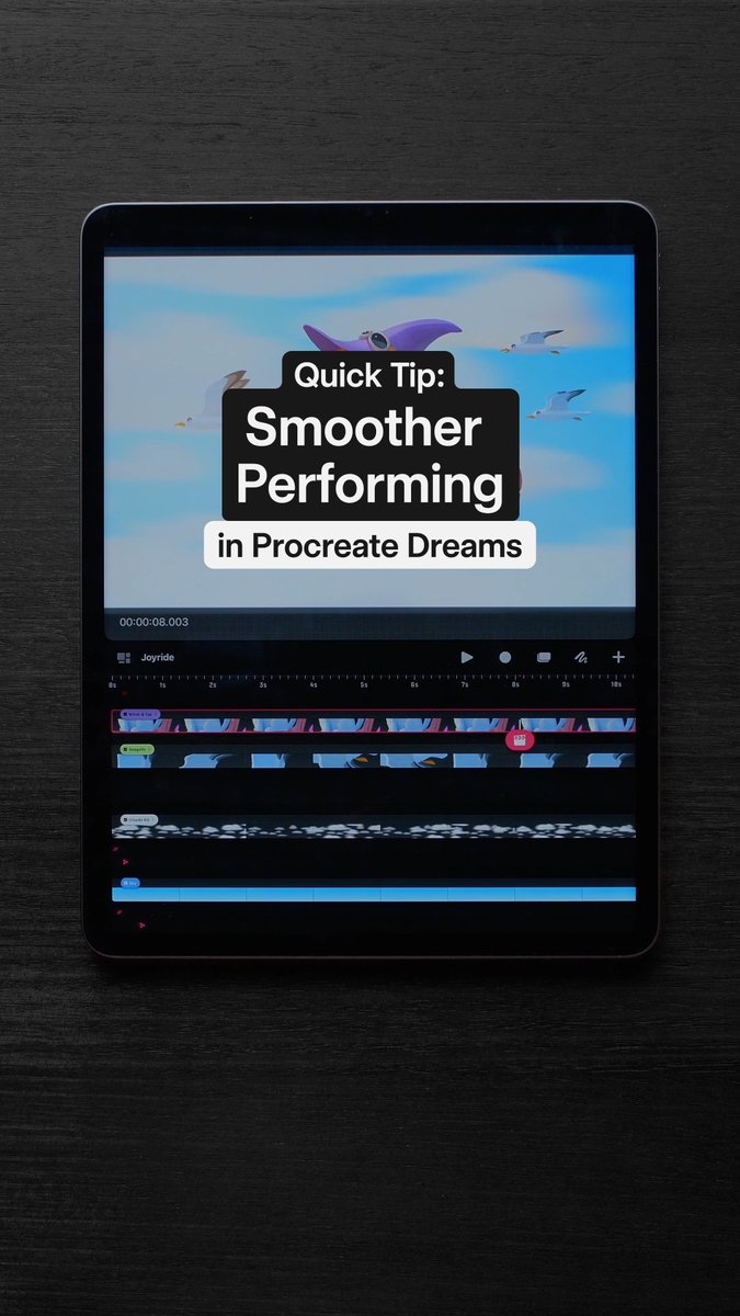 New to #ProcreateDreams? 👋 Here’s a quick tip for smooth animation in Performing ⬇️ 1. In Performing mode, tap Modify in the top right corner 2. Increase the Motion Filtering percentage with the slider to make your animation smoother and reduce shakiness 3. Set this slider to 0.0% to perform rapid movements Try it now! Artwork by: Goro Fujita