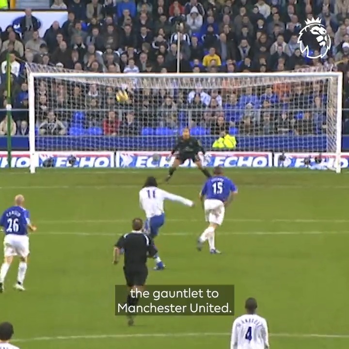 Didier Drogba scored from the car park to give Jose Mourinho's Chelsea victory away at Everton, before proceeding to do one of the longest knee slides known to man 18 years ago today... One of the best goals of the Premier League era? 📼 Premier League