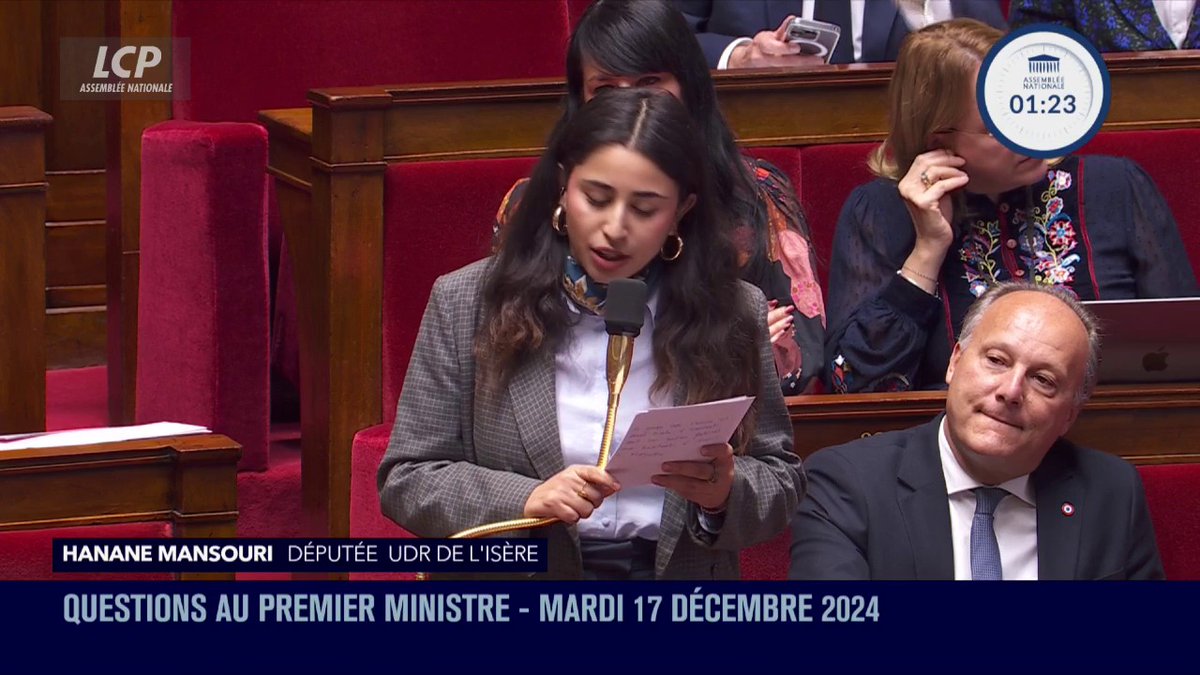 .Hanane Mansouri pose les "trois lignes rouges" du parti UDR : "Rompre avec la logique budgétaire socialiste du précédent gouvernement", faire des économies "dans les dépenses de l'Etat", et résoudre "la question de l'immigration de masse". #DirectAN #QAG